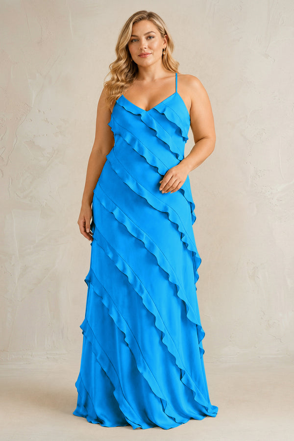 Blue Jay Spaghetti Straps Sheath Stain Ruffled Bridesmaid Dress | KISSBRIDAL[sizeplus]