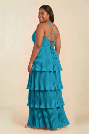 Blue Jay Tiered Pleated V-Neck A-Line Chiffon Bridesmaid Dress (2) | KISSBRIDAL