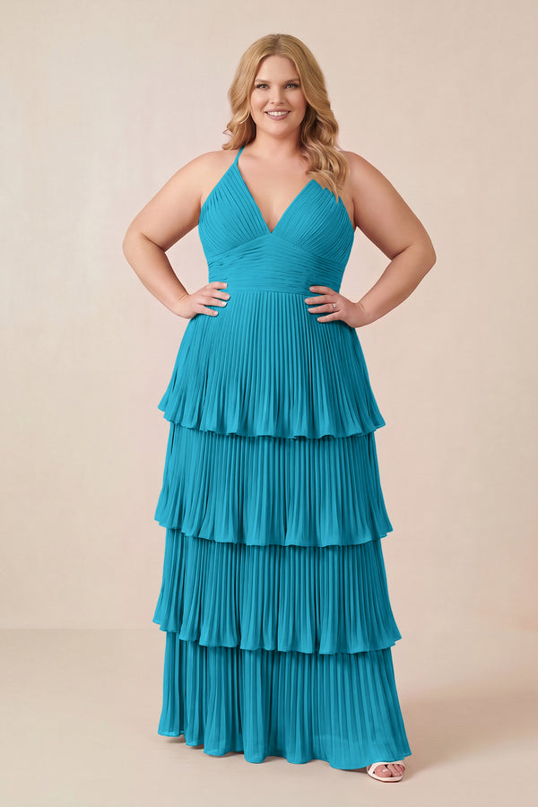 Blue Jay Tiered Pleated V-Neck A-Line Chiffon Bridesmaid Dress (3) | KISSBRIDAL