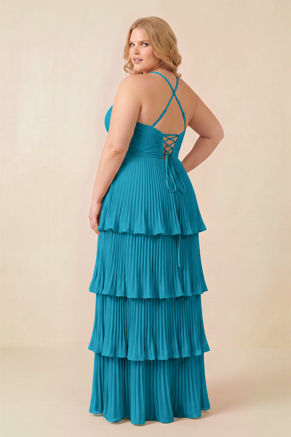 Blue Jay Tiered Pleated V-Neck A-Line Chiffon Bridesmaid Dress (4) | KISSBRIDAL