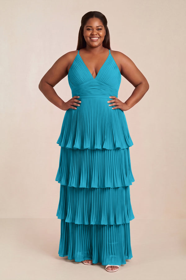 Blue Jay Tiered Pleated V-Neck A-Line Chiffon Bridesmaid Dress | KISSBRIDAL