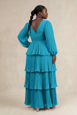Blue Jay V-Neck Tiered A-Line Long Sleeve Bridesmaid Dress (2) [sizeplus] | KISSBRIDAL