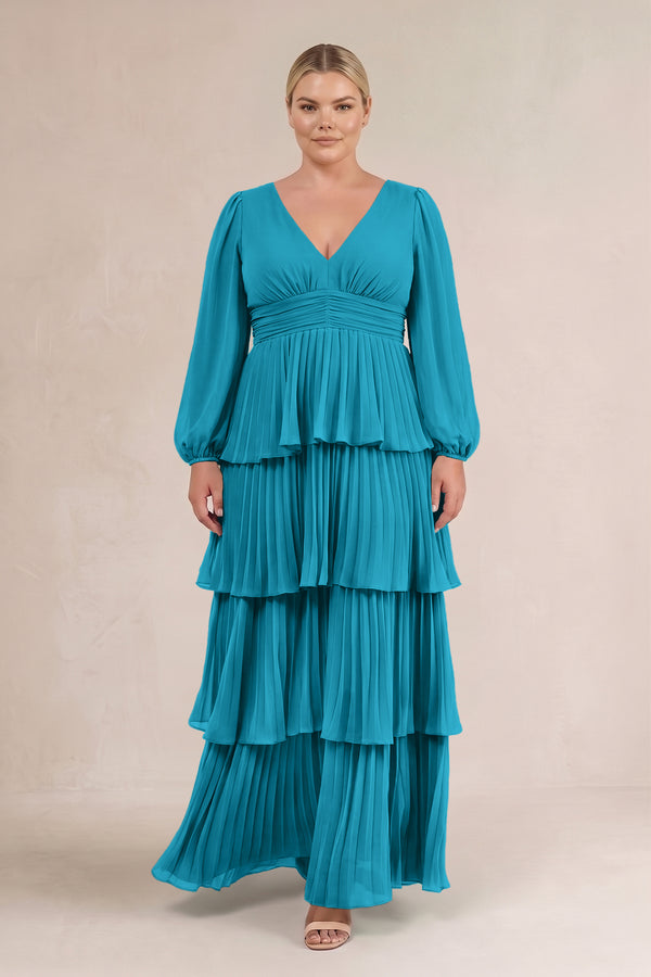 Blue Jay V-Neck Tiered A-Line Long Sleeve Bridesmaid Dress (3) [sizeplus] | KISSBRIDAL