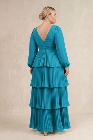 Blue Jay V-Neck Tiered A-Line Long Sleeve Bridesmaid Dress (4) [sizeplus] | KISSBRIDAL