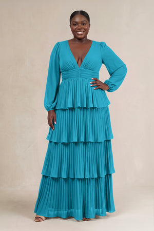 Blue Jay V-Neck Tiered A-Line Long Sleeve Bridesmaid Dress [sizeplus] | KISSBRIDAL