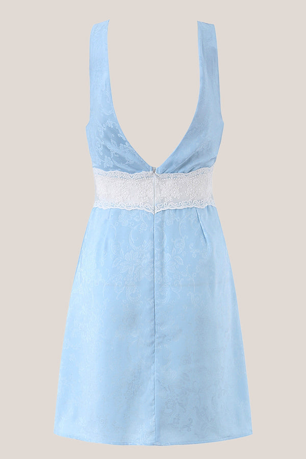 Blue V Neck Lace Cotton Sheath Mini Dress - SHE IS ME Dresses