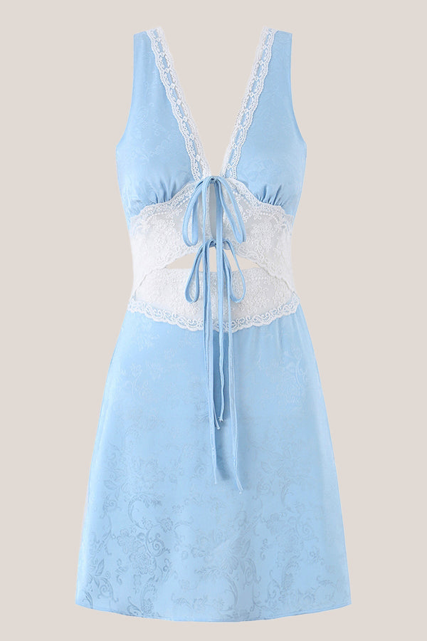 Blue V Neck Lace Cotton Sheath Mini Dress - SHE IS ME Dresses