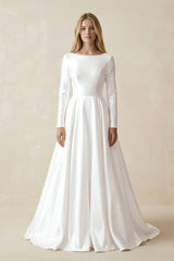 Boat Neck A - line Satin Long Sleeves Wedding Dress in White - KISS BRIDAL Wedding Dresses