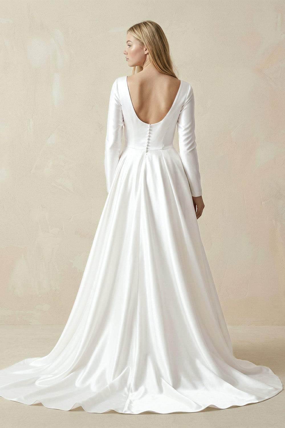 Boat Neck A - line Satin Long Sleeves Wedding Dress in White - KISS BRIDAL Wedding Dresses