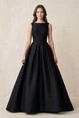 Boat Neck Satin A - Line Open Back Wedding Dress in Black - KISS BRIDAL Wedding Dresses