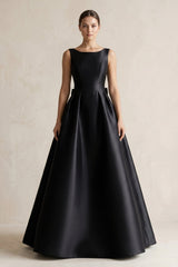 Boat Neck Satin A - Line Wedding Dress with Bow in Black - KISS BRIDAL Wedding Dresses