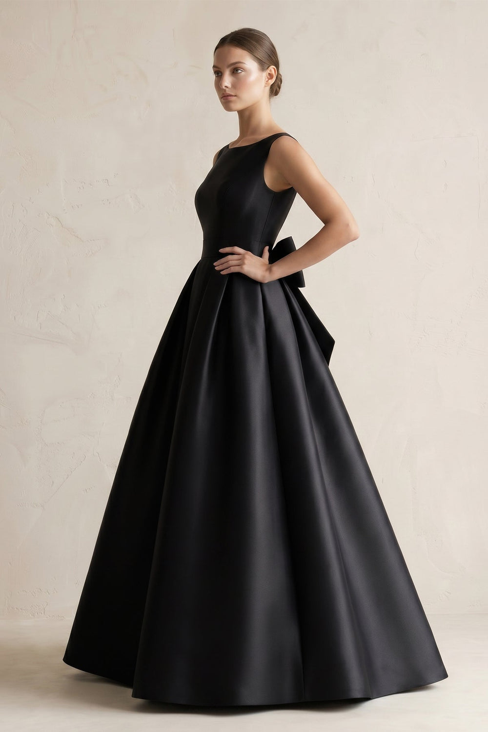 Boat Neck Satin A - Line Wedding Dress with Bow in Black - KISS BRIDAL Wedding Dresses