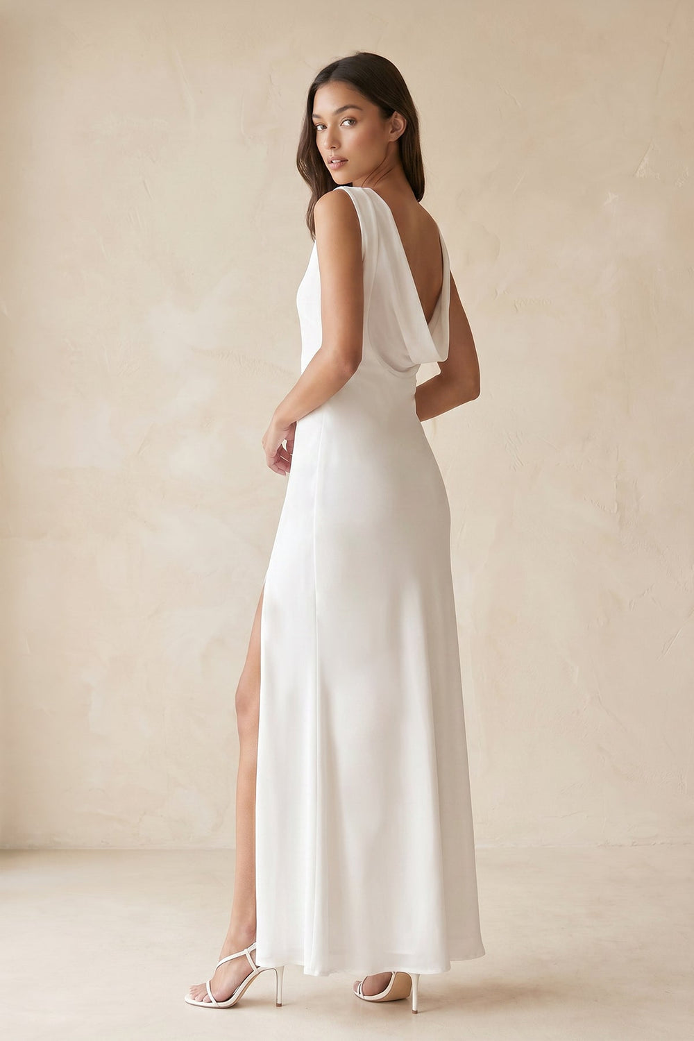 Boat Neck Sheath Midi Dress With Slit in White– KISS BRIDAL Dresses