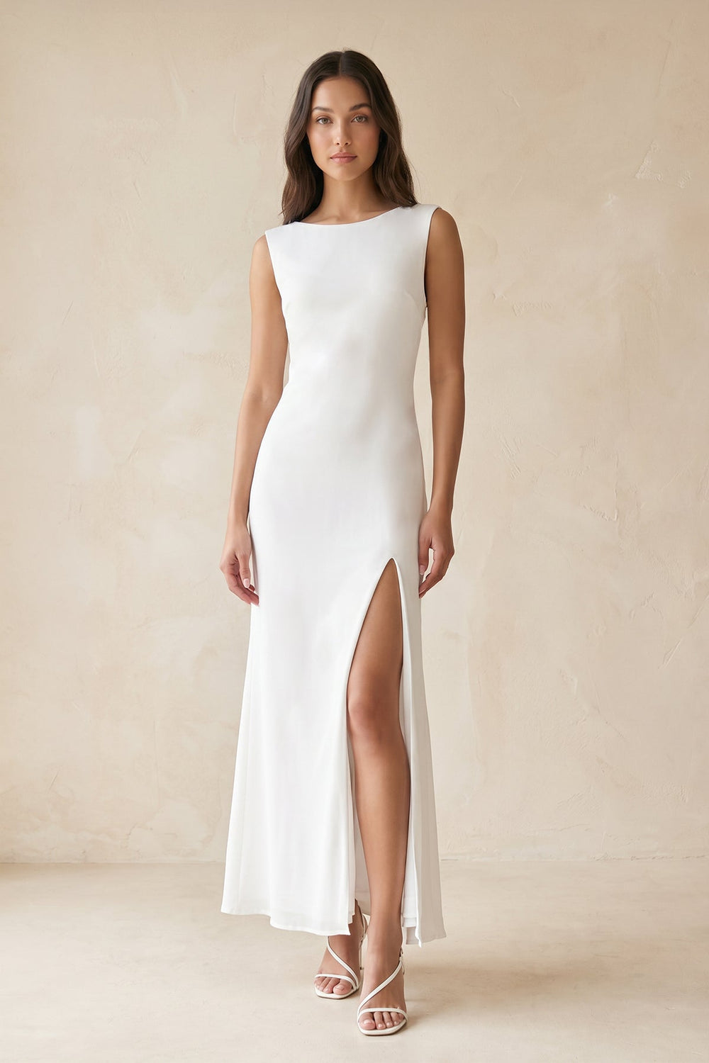 Boat Neck Sheath Midi Dress With Slit in White– KISS BRIDAL Dresses