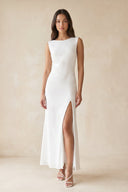 Boat Neck Sheath Midi Dress With Slit in White– SHE IS ME Dresses