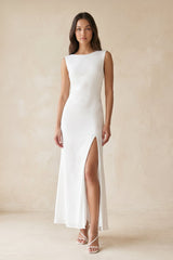 Boat Neck Sheath Midi Dress With Slit in White– KISS BRIDAL Dresses