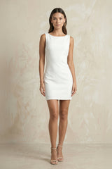 Boat Neck Sheath Satin Mini Wedding Dress in White - KISS BRIDAL Wedding Dresses