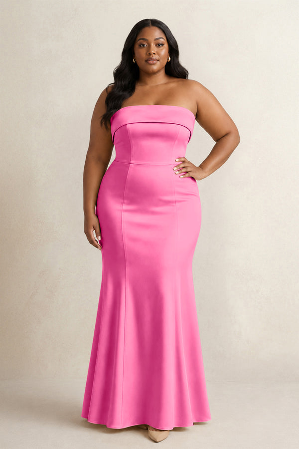 Bon Bon Pink Strapless Satin Mermaid Bridesmaid Dress (3) [sizeplus] | KISSBRIDAL