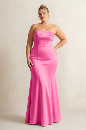 Bon Bon Pink Strapless Satin Mermaid Bridesmaid Dress [sizeplus] | KISSBRIDAL