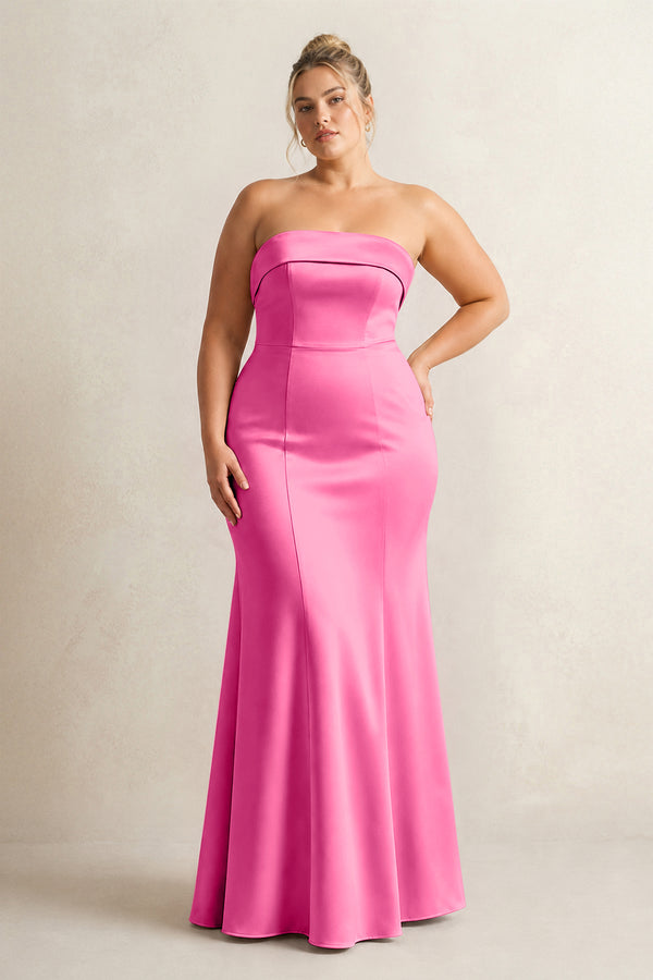 Bon Bon Pink Strapless Satin Mermaid Bridesmaid Dress [sizeplus] | KISSBRIDAL
