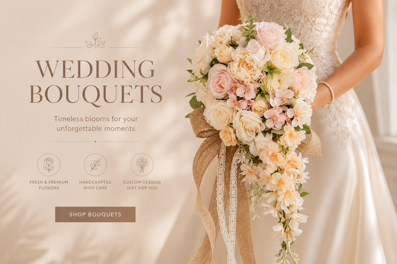 Bouquet of flowers held by a person in a wedding dress with text about wedding bouquets.