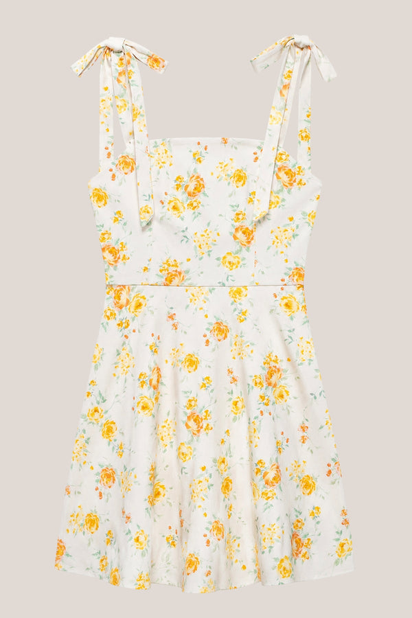 Bow A-Line Warm Rose Print Cotton Mini Dress in Yellow– SHE IS ME Dresses