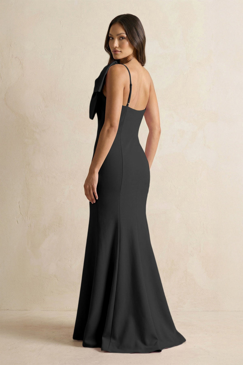 Bow Mermaid One Shoulder Bridesmaid Dress in Black - KISS BRIDAL Bridesmaid Dresses