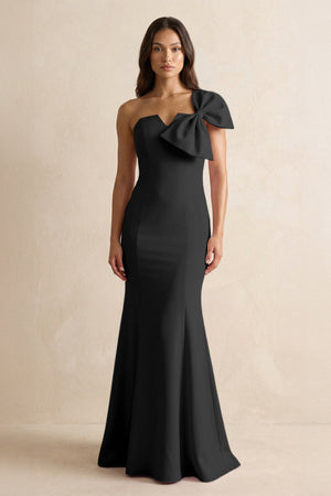 Bow Mermaid One Shoulder Bridesmaid Dress in Black - SHE IS ME Bridesmaid Dresses