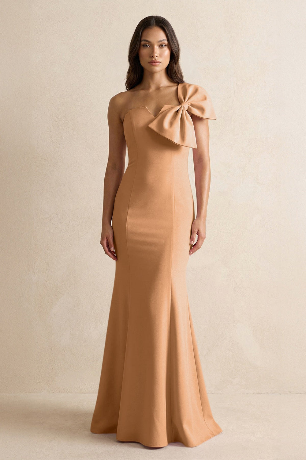 Bow Mermaid One Shoulder Bridesmaid Dress in Bronzer - KISS BRIDAL Bridesmaid Dresses