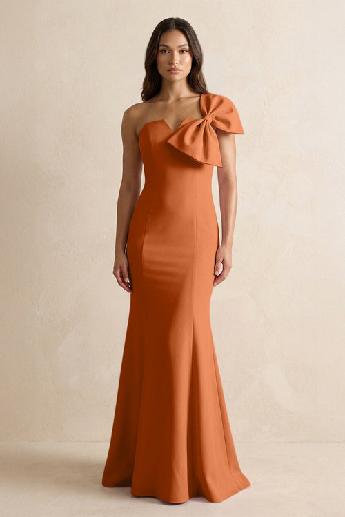 Bow Mermaid One Shoulder Bridesmaid Dress in Brown - SHE IS ME Bridesmaid Dresses