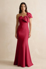 Bow Mermaid One Shoulder Bridesmaid Dress in Burgundy - KISS BRIDAL Bridesmaid Dresses