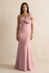 Bow Mermaid One Shoulder Bridesmaid Dress in Champagne Rose - KISS BRIDAL Bridesmaid Dresses