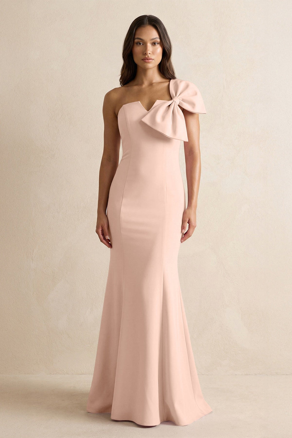 Bow Mermaid One Shoulder Bridesmaid Dress in Coral Pink - KISS BRIDAL Bridesmaid Dresses