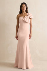 Bow Mermaid One Shoulder Bridesmaid Dress in Coral Pink - KISS BRIDAL Bridesmaid Dresses