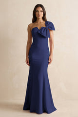 Bow Mermaid One Shoulder Bridesmaid Dress in Dark Navy - KISS BRIDAL Bridesmaid Dresses