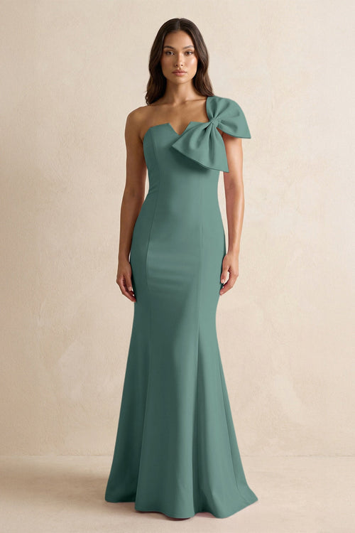 Bow Mermaid One Shoulder Bridesmaid Dress in Dark Teal - KISS BRIDAL Bridesmaid Dresses