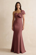 Bow Mermaid One Shoulder Bridesmaid Dress in Desert Rose - KISS BRIDAL Bridesmaid Dresses