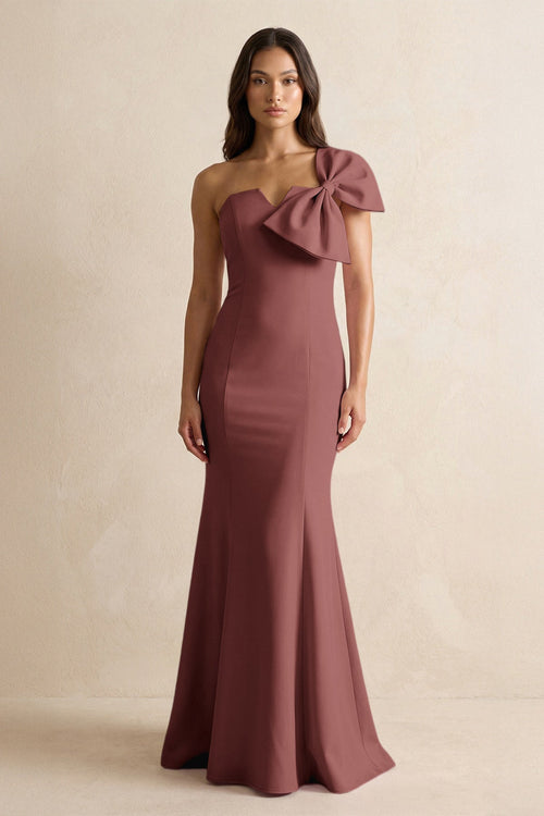 Bow Mermaid One Shoulder Bridesmaid Dress in Desert Rose - KISS BRIDAL Bridesmaid Dresses