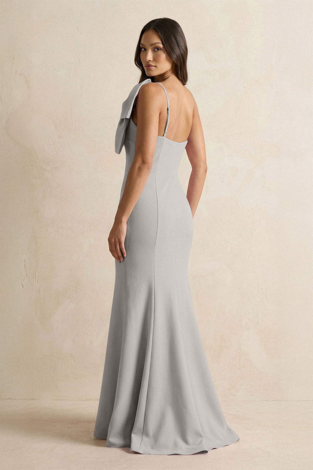 Bow Mermaid One Shoulder Bridesmaid Dress in Dove Gray - KISS BRIDAL Bridesmaid Dresses