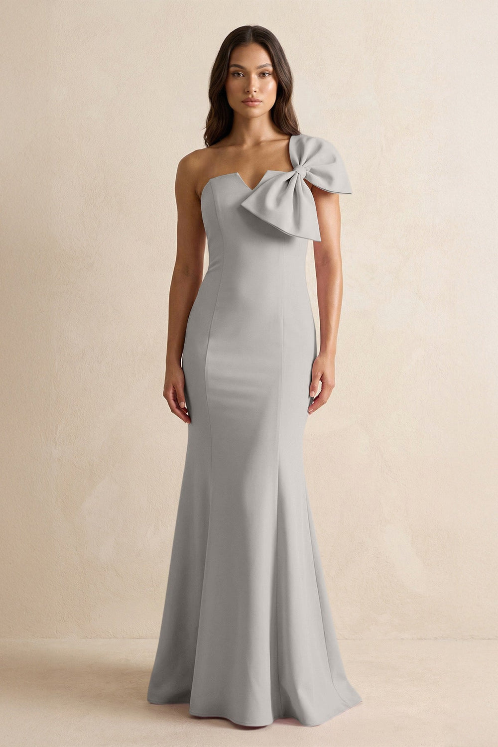 Bow Mermaid One Shoulder Bridesmaid Dress in Dove Gray - KISS BRIDAL Bridesmaid Dresses
