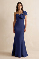 Bow Mermaid One Shoulder Bridesmaid Dress in Dusk Blue - KISS BRIDAL Bridesmaid Dresses