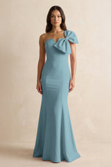 Bow Mermaid One Shoulder Bridesmaid Dress in Dusty Blue - KISS BRIDAL Bridesmaid Dresses