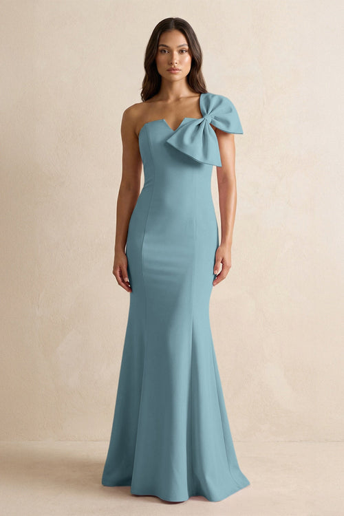 Bow Mermaid One Shoulder Bridesmaid Dress in Dusty Blue - KISS BRIDAL Bridesmaid Dresses
