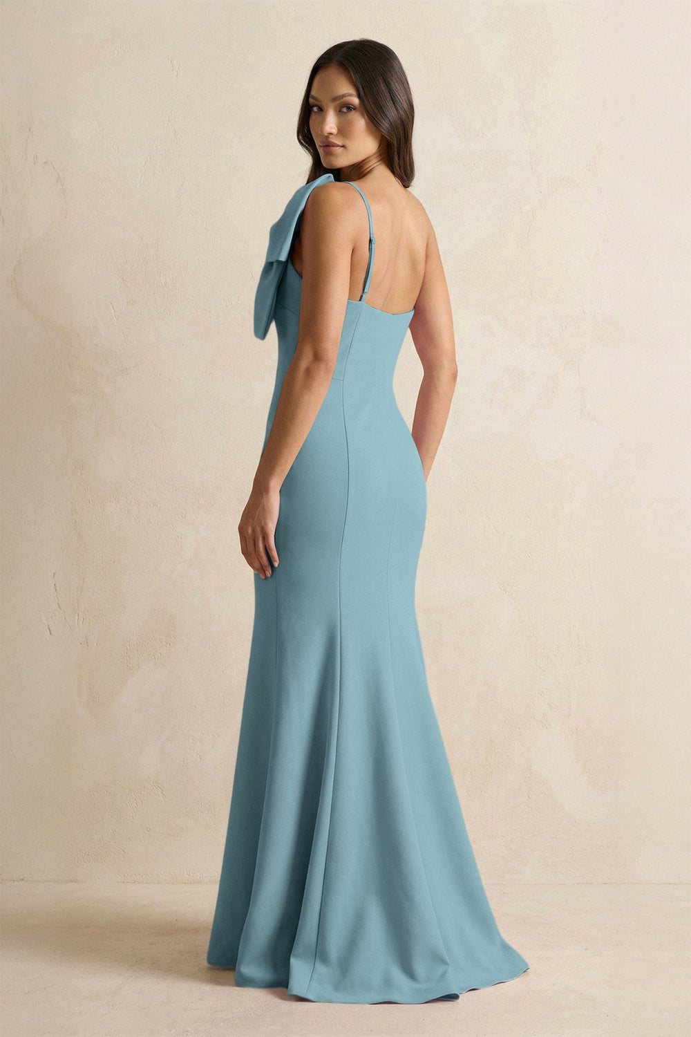 Bow Mermaid One Shoulder Bridesmaid Dress in Dusty Blue - KISS BRIDAL Bridesmaid Dresses