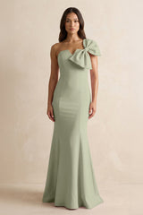 Bow Mermaid One Shoulder Bridesmaid Dress in Dusty Sage - KISS BRIDAL Bridesmaid Dresses