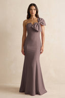 Bow Mermaid One Shoulder Bridesmaid Dress in Espresso - KISS BRIDAL Bridesmaid Dresses