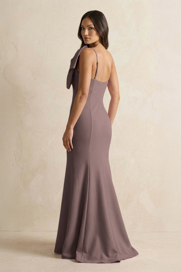 Bow Mermaid One Shoulder Bridesmaid Dress in Espresso - KISS BRIDAL Bridesmaid Dresses