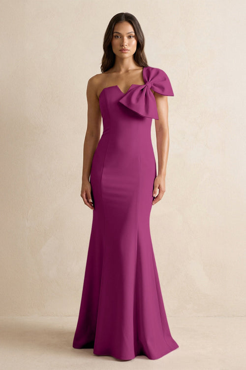 Bow Mermaid One Shoulder Bridesmaid Dress in Fig - SHE IS ME Bridesmaid Dresses