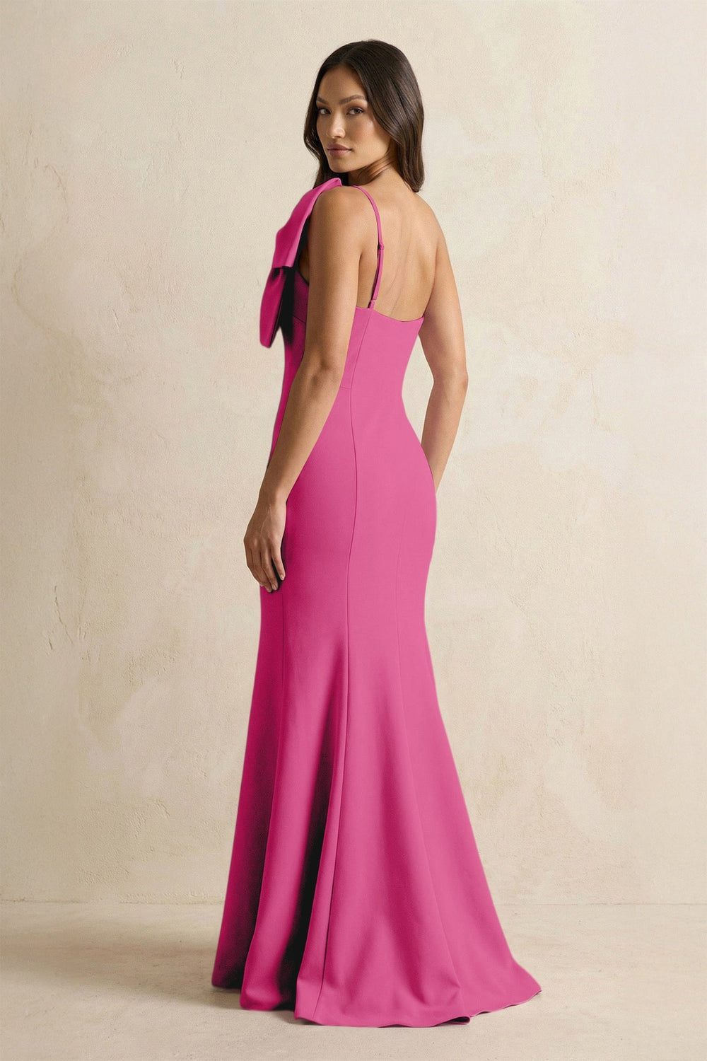 Bow Mermaid One Shoulder Bridesmaid Dress in Fuchsia - KISS BRIDAL Bridesmaid Dresses