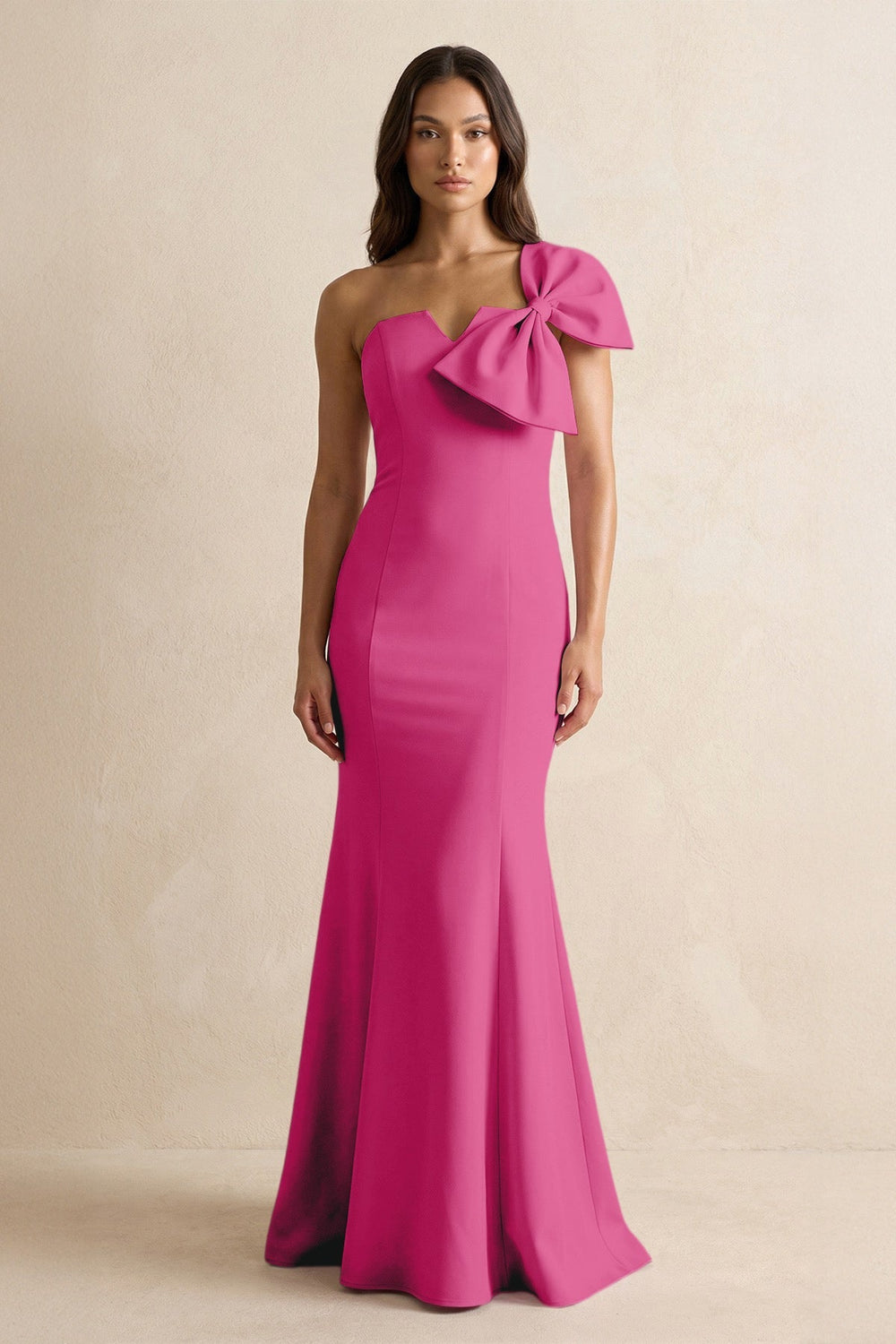 Bow Mermaid One Shoulder Bridesmaid Dress in Fuchsia - KISS BRIDAL Bridesmaid Dresses